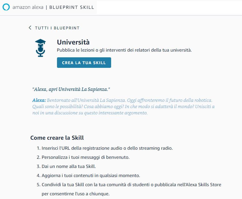 La schermata iniziale della creazione della Skill con Blueprint Skill di Amazon Alexa