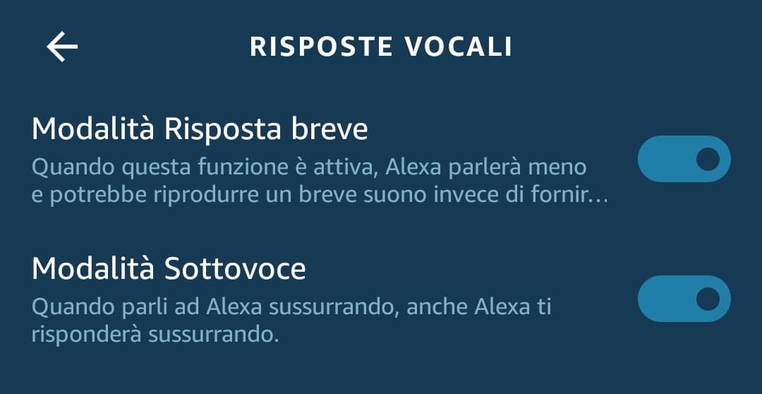 Le impostazioni dall'applicazione di Alexa per abilitare la modalità sottovoce