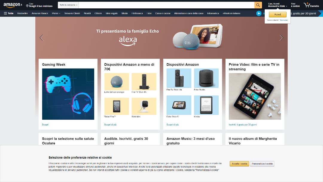 Uno screenshot dell'homepage di Amazon fatto attraverso Puppeteer usando setViewport