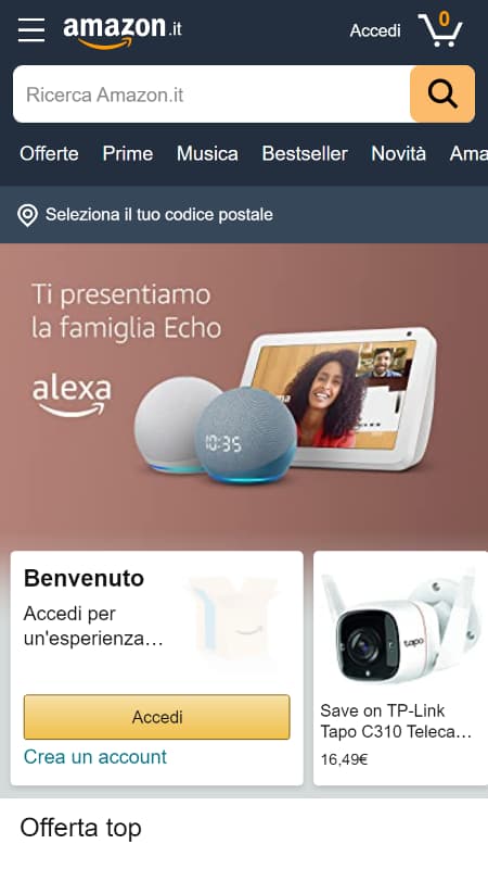 Uno screenshot dell'homepage di Amazon con un'automazione che accetta i cookie