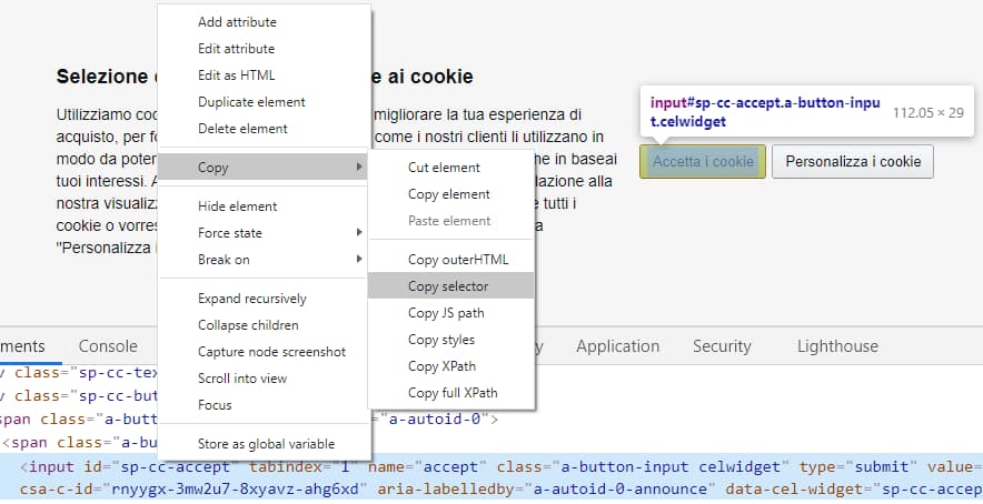 Come estrarre il selettore di un elemento della pagina web usando Chrome