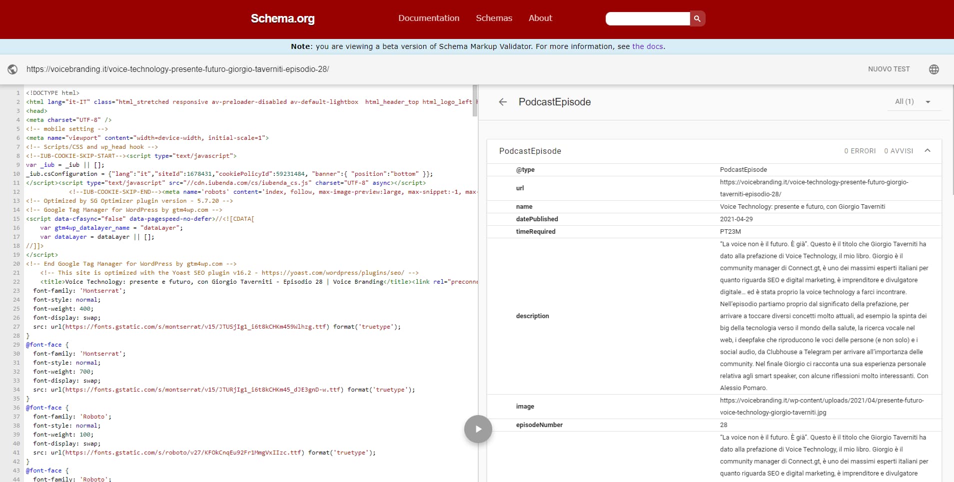 Un esempio di analisi dei dati strutturati eseguita con Schema Markup Validator (SMV)