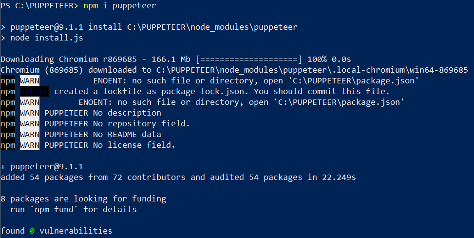 L'installazione di Puppeteer attraverso NPM su PowerShell