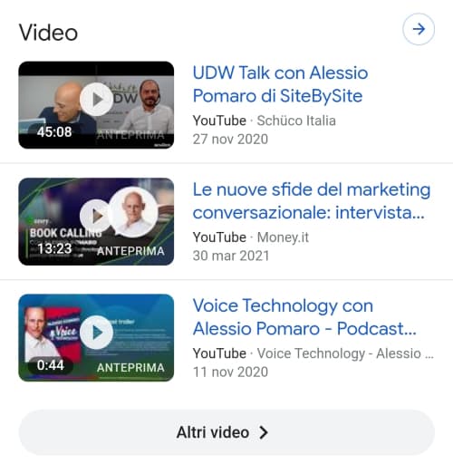 I video compaiono in SERP con una ricerca sul nome dell'autore (Alessio Pomaro)