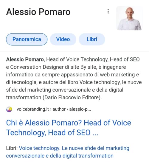 Un esempio di Knowledge panel dell'autore - Alessio Pomaro