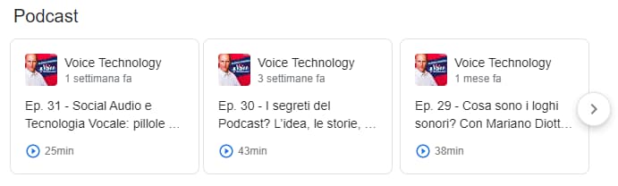 Il podcast compare in SERP con una ricerca sul nome dell'autore (Alessio Pomaro)