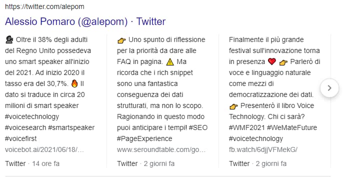 I tweet compaiono in SERP con una ricerca sul nome dell'autore (Alessio Pomaro)