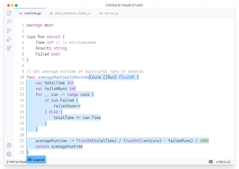 GitHub Copilot, un esempio di completamento del codice