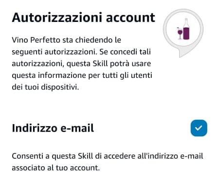 Le impostazioni della skill "Vino Perfetto" di Amazon