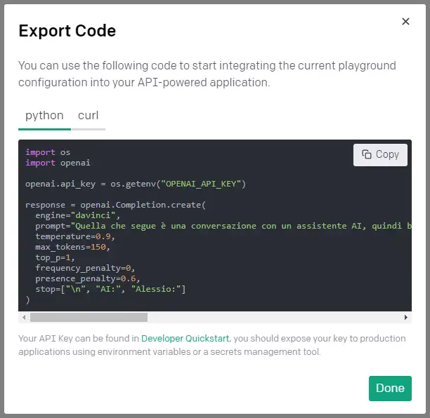 L'esportazione del codice per l'utilizzo delle API a partire da un esperimento in Playground