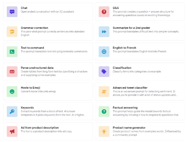 L'area degli esempi del pannello delle API beta di OpenAI (GPT-3)