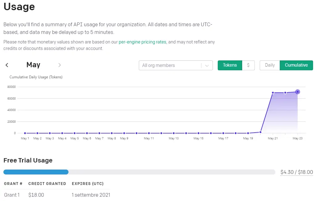 La dashboard che permette di consultare i dati di utilizzo delle API di GPT-3 (OpenAI)