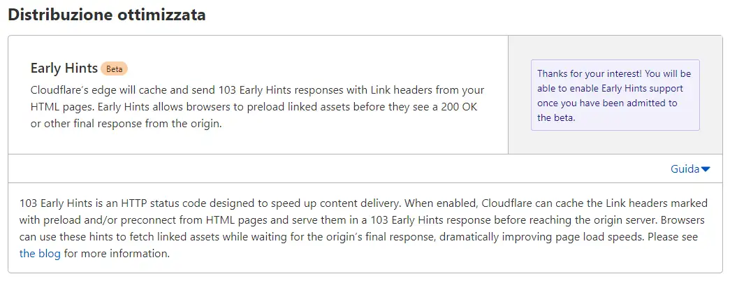 L'attivazione di Early Hints dal pannello dei Cloudflare