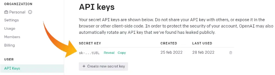 La sezione API Keys di OpenAI - La freccia indica la chiave necessaria