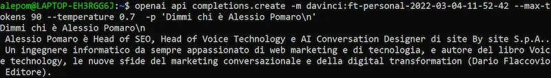 Esempio di completamento di un testo di GPT-3 usando un modello personalizzato