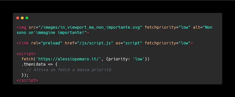 Un esempio di utilizzo del tag fetchpriority