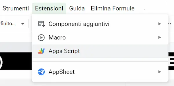 Come visualizzare lo script del foglio: Estensioni > Apps Script