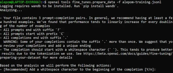 Preparazione del file di training JSONL di GPT-3