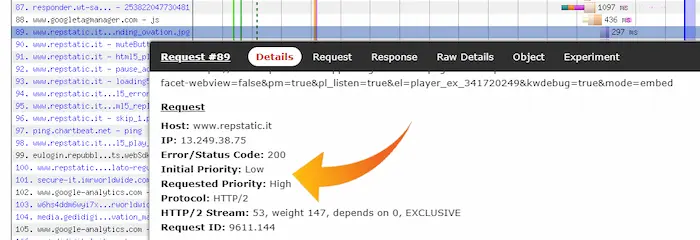 WebPageTest indica la variazione della priorità della risorsa