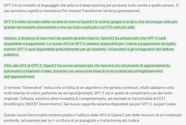 Un esempio di inserimento di testo da parte di GPT-3