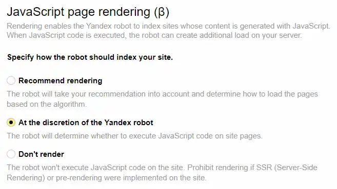 Il pannello di configurazione del rendering di Yandex