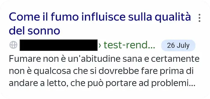 Lo snippet di Yandex dopo il rendering dinamico