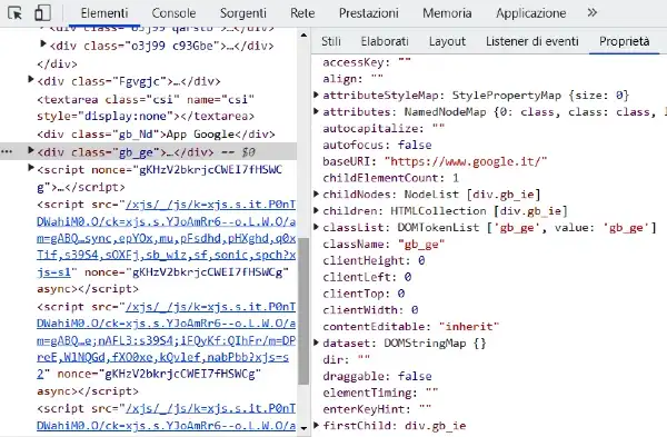 Usando gli strumenti di Chrome (DevTools) possiamo visualizzare le proprietà dei nodi del DOM