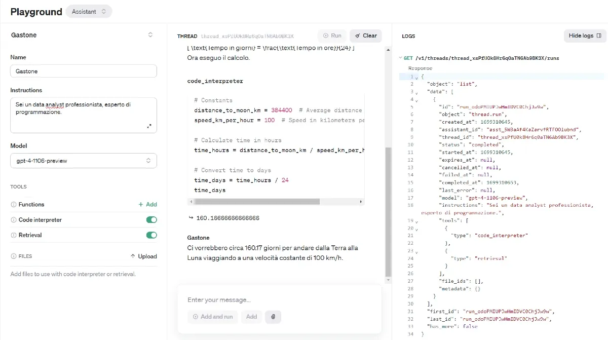 Un esempio della nuove versione del Playground di OpenAI, con Code Interpreter in azione