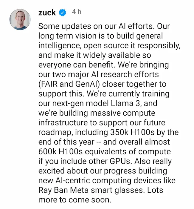 Zuckerberg parla della direzione di Meta in ambito di AI