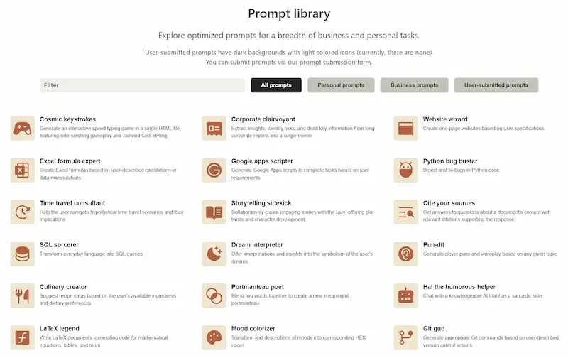 La prompt library di Anthropic